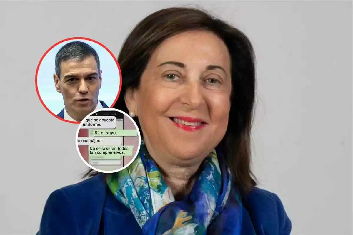 Una mujer sonriente con una chaqueta azul y un pañuelo colorido, con un recuadro que muestra a un hombre y una captura de pantalla de un chat.