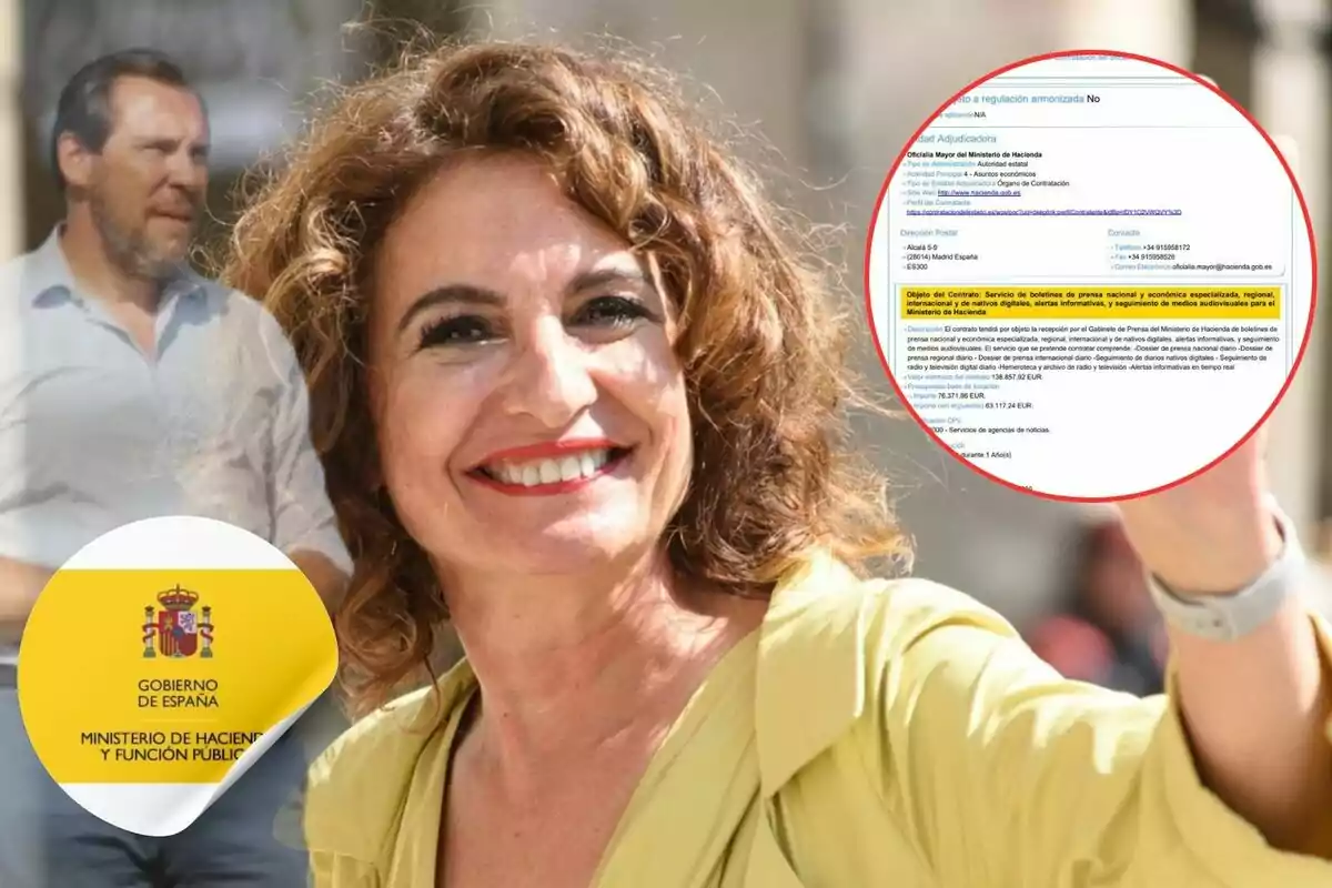 Una mujer sonriente con cabello rizado y castaño claro, vestida con una blusa amarilla, sostiene un documento enmarcado en un círculo rojo. En la esquina inferior izquierda, hay un logotipo del Gobierno de España, Ministerio de Hacienda y Función Pública. Al fondo, se ve a un hombre desenfocado.