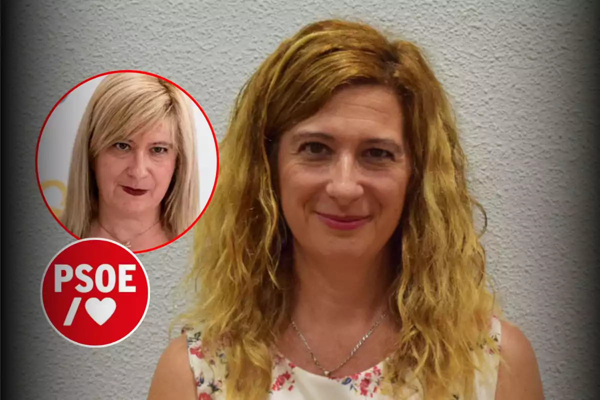 Dos mujeres posan frente a una pared, una en un recuadro circular con el logo del PSOE.