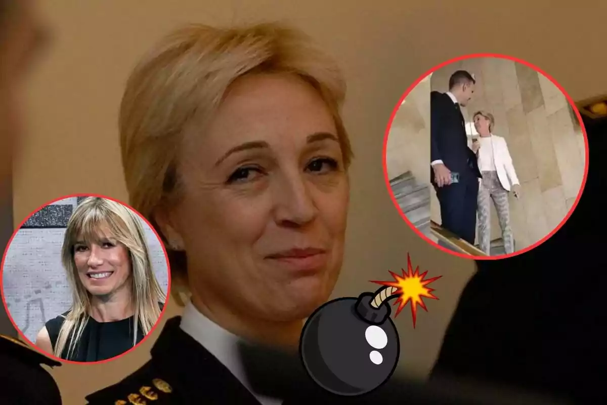 Una mujer rubia en uniforme sonríe, con dos imágenes circulares superpuestas: una de una mujer rubia con flequillo y otra de una conversación entre un hombre y una mujer en una escalera, además de un dibujo de una bomba.