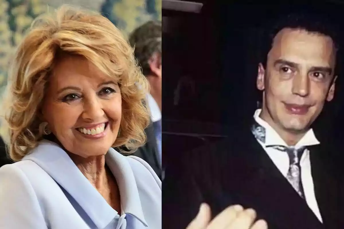 Una mujer mayor sonriente con cabello rubio y un hombre joven con traje oscuro y corbata.