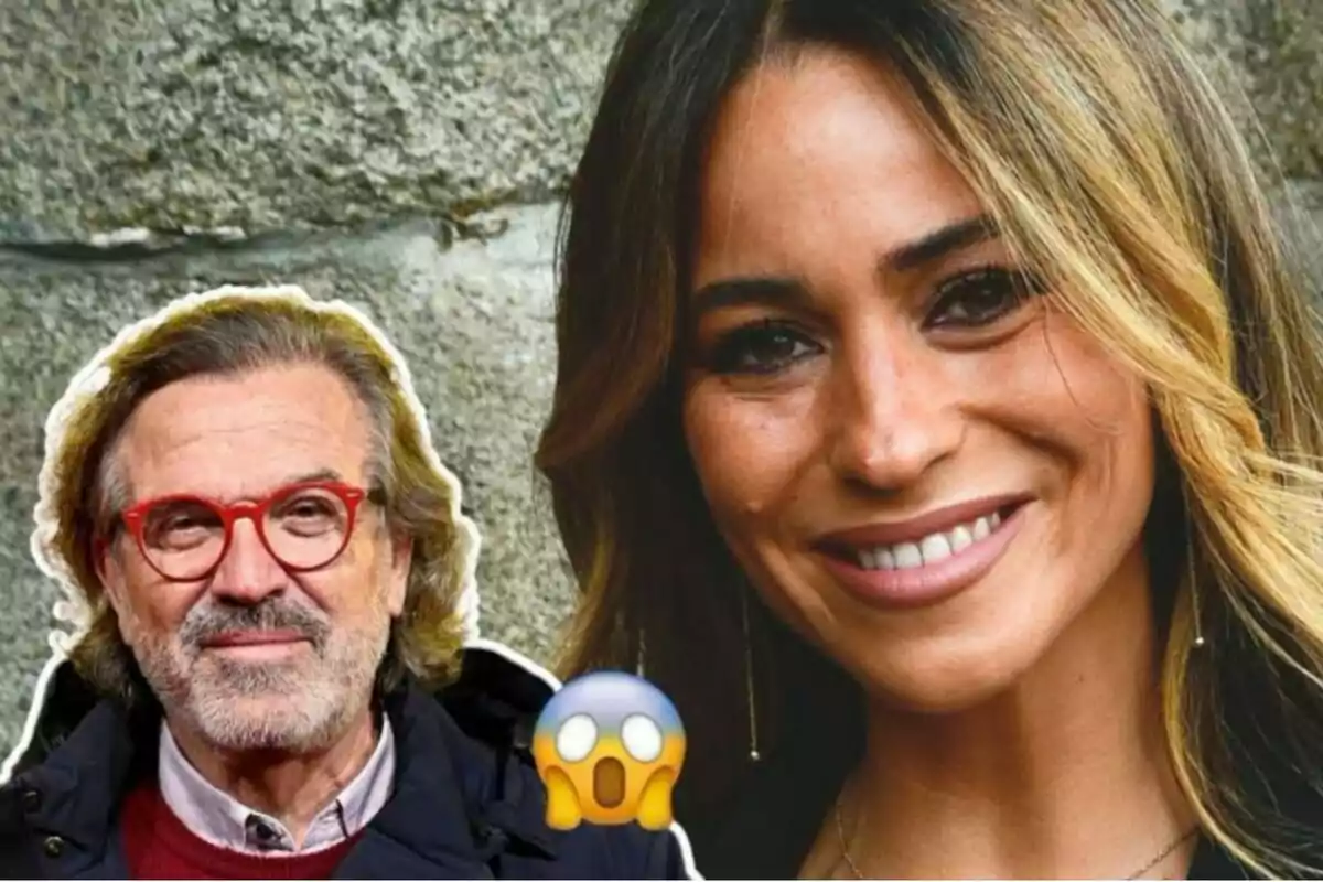 Un hombre con gafas rojas y barba junto a una mujer sonriente con cabello largo y ondulado, con un emoji de cara sorprendida en la parte inferior.