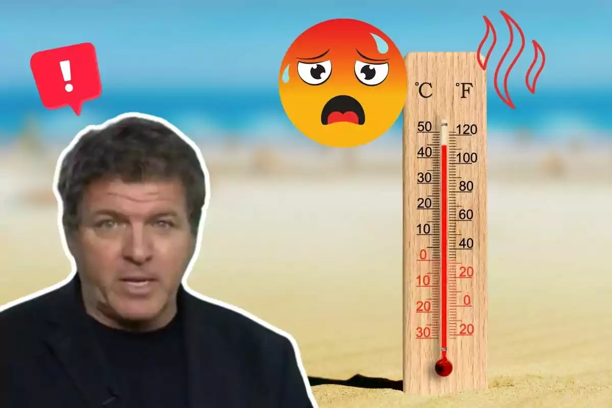 Un hombre con expresión seria, un termómetro de madera mostrando altas temperaturas en grados Celsius y Fahrenheit, un emoji de cara acalorada y un icono de advertencia en un fondo de playa.