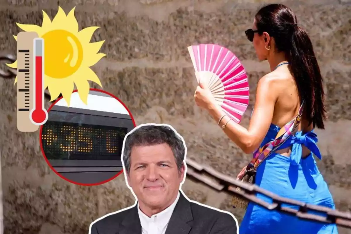 Imagen de fondo de una mujer con un abanico paseando por Sevilla, además de una imagen en primer plano de Mario Picazo y otra de un termómetro en la calle que marca 35 grados, además de un emoticono de un sol con un termómetro marcando calor