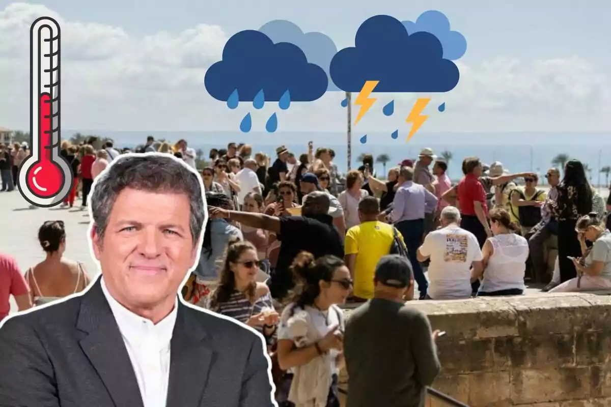 Imagen de fondo de varios turistas en Palma de Mallorca, junto a una imagen en primer plano de Mario Picazo y unos emoticonos de lluvia y de un termómetro que marca calor