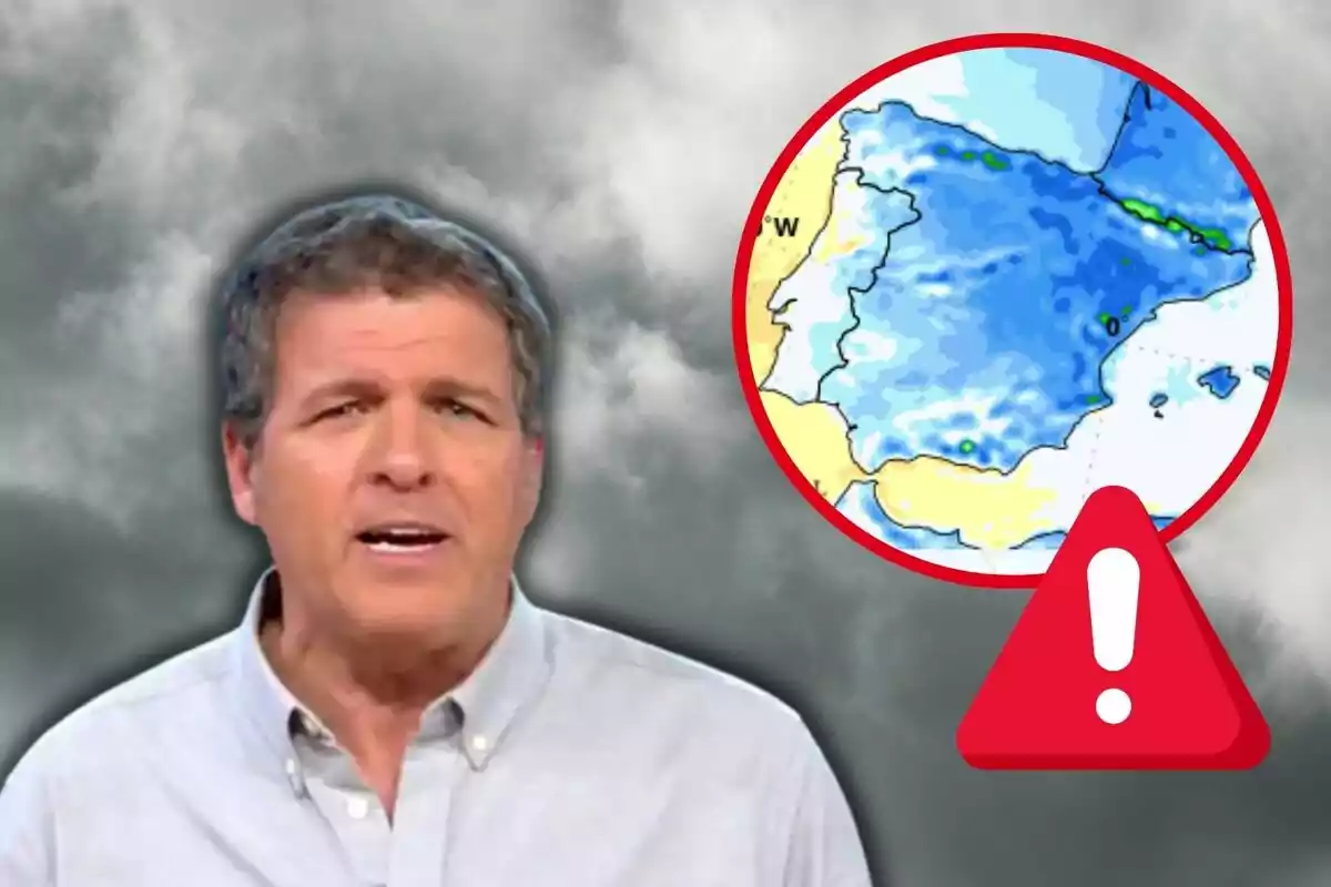 Un hombre hablando frente a un fondo nublado con un mapa del clima de España en un círculo rojo y un icono de advertencia.