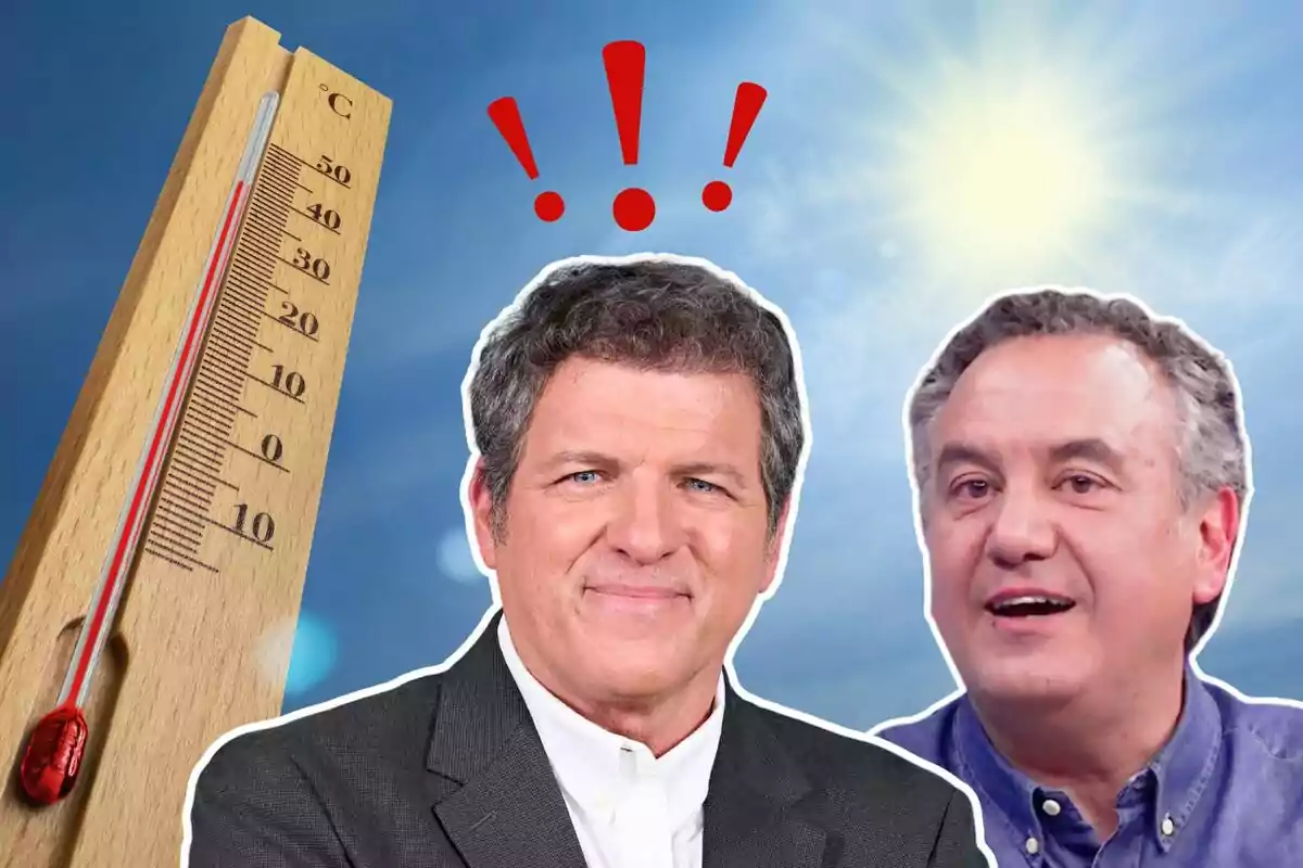 Roberto Brasero y Mario Picazo expresiones sorprendidas junto a un termómetro que muestra una alta temperatura y un sol brillante en el fondo.