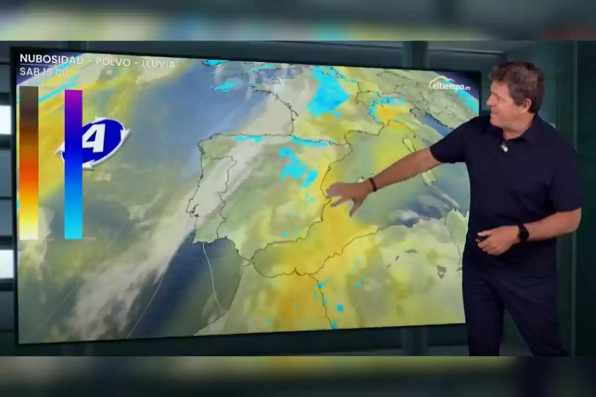 Mario Picazo señalando un mapa meteorológico de España y Europa occidental en un estudio de televisión. Mario Picazo señalando un mapa meteorológico de España y Europa occidental en un estudio de televisión.