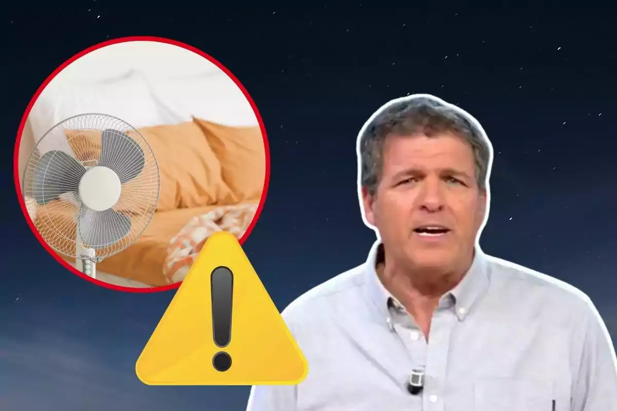 Hombre hablando con expresión seria junto a un ventilador en una habitación y un símbolo de advertencia amarillo