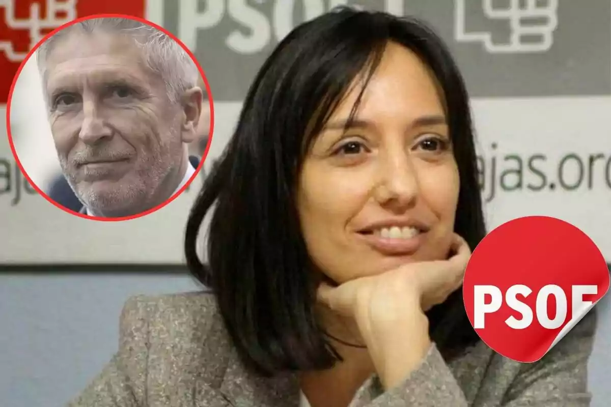 Una mujer sonriente con la mano en la barbilla y un hombre mayor en un círculo rojo en la esquina superior izquierda, con el logotipo del PSOE en la esquina inferior derecha.