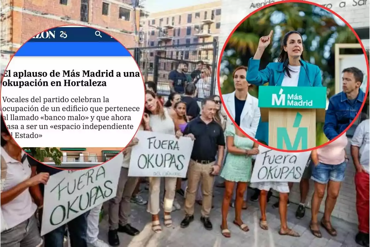 La imagen muestra una noticia sobre el aplauso de Más Madrid a una ocupación en Hortaleza, con una foto de personas protestando con carteles que dicen "Fuera Okupas" y otra foto de una mujer hablando en un podio con el logo de Más Madrid.