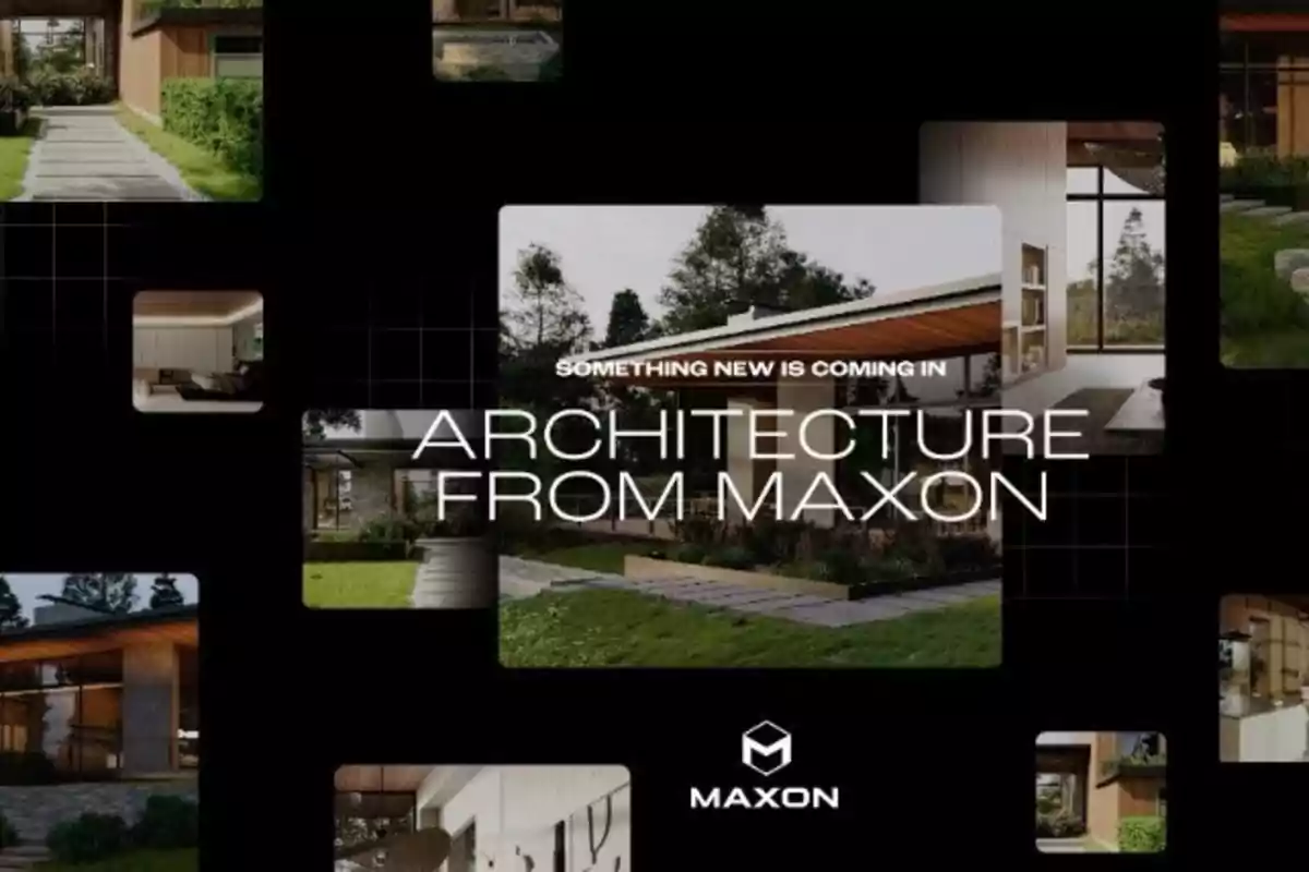 Imagen promocional de arquitectura de Maxon con varias fotos de casas modernas y un diseño gráfico en fondo negro.