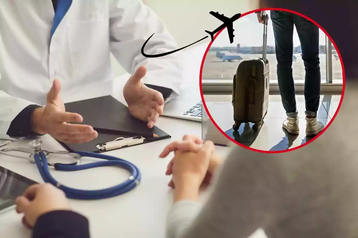 Imagen de fondo de una consulta médica, con un médico y una paciente sentados a una mesa junto a otra imagen de una persona en un aeropuerto con una maleta