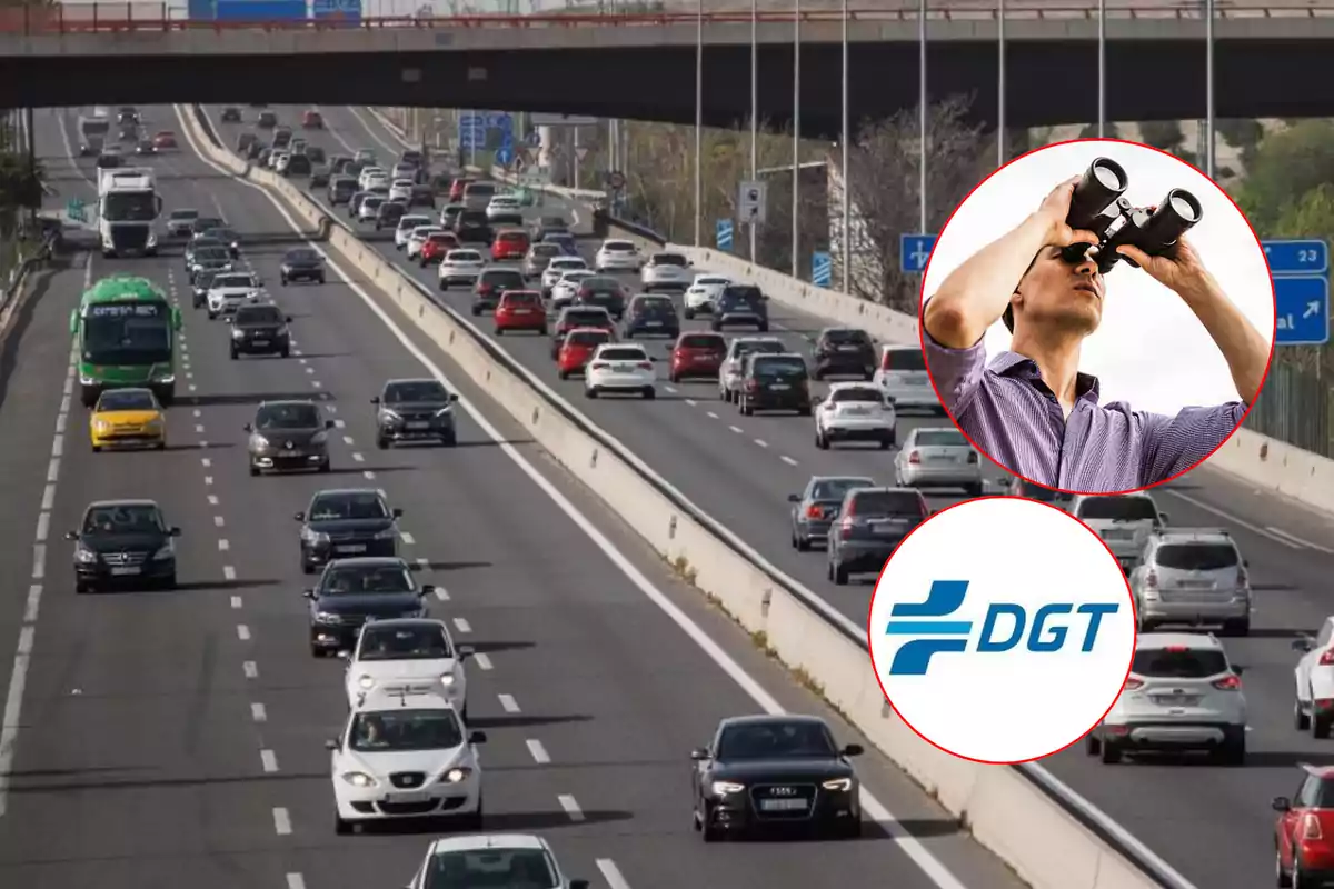 Una carretera con tráfico moderado y dos imágenes superpuestas, una de una persona mirando con binoculares y otra con el logo de la DGT.