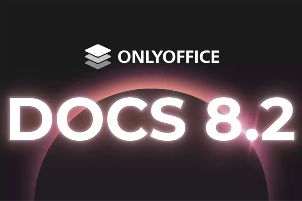 Logotipo de ONLYOFFICE Docs 8.2 con fondo oscuro y efecto de luz.