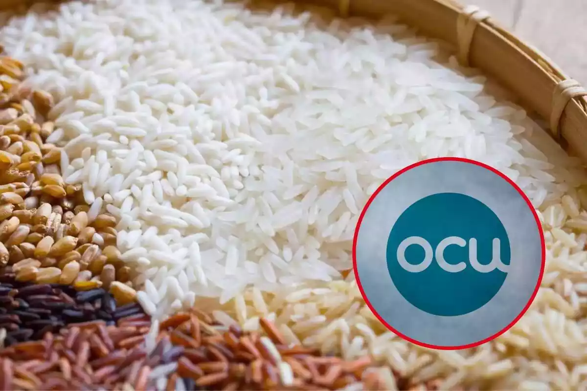 Símbolo de la OCU en círculo rojo sobre fondo de detalle de bandeja de bambú con varios tipos de arroces Símbolo de la OCU en círculo rojo sobre fondo de detalle de bandeja de bambú con varios tipos de arroces