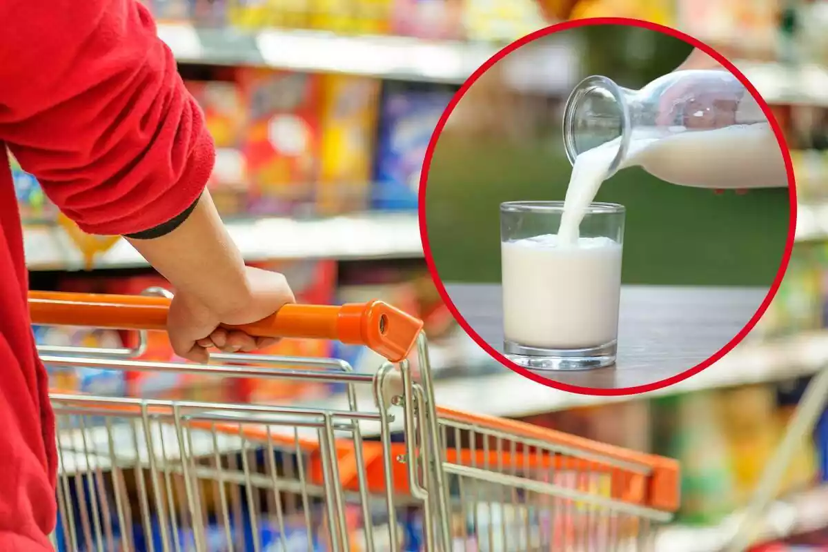Persona con un carro de la compra en un supermercado e imagen destacada de un vaso de leche