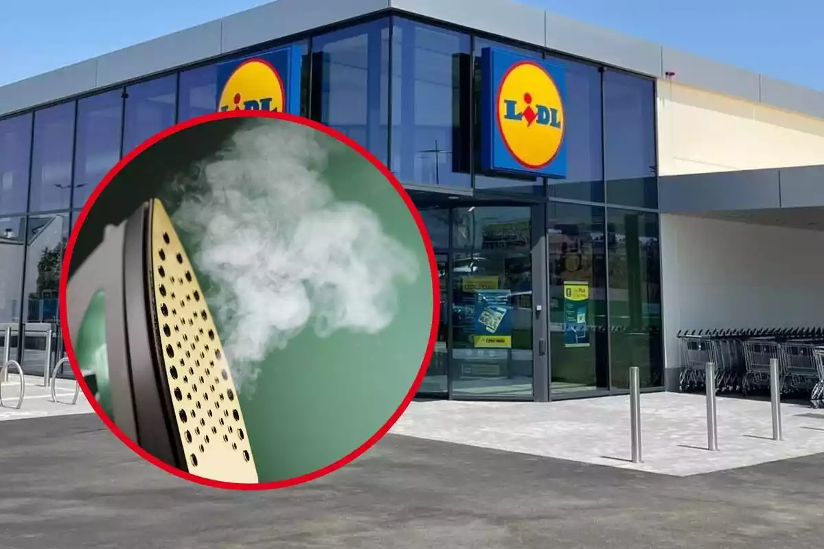 Plancha desprendiendo vapor en círculo rojo sobre fondo de exterior del Lidl