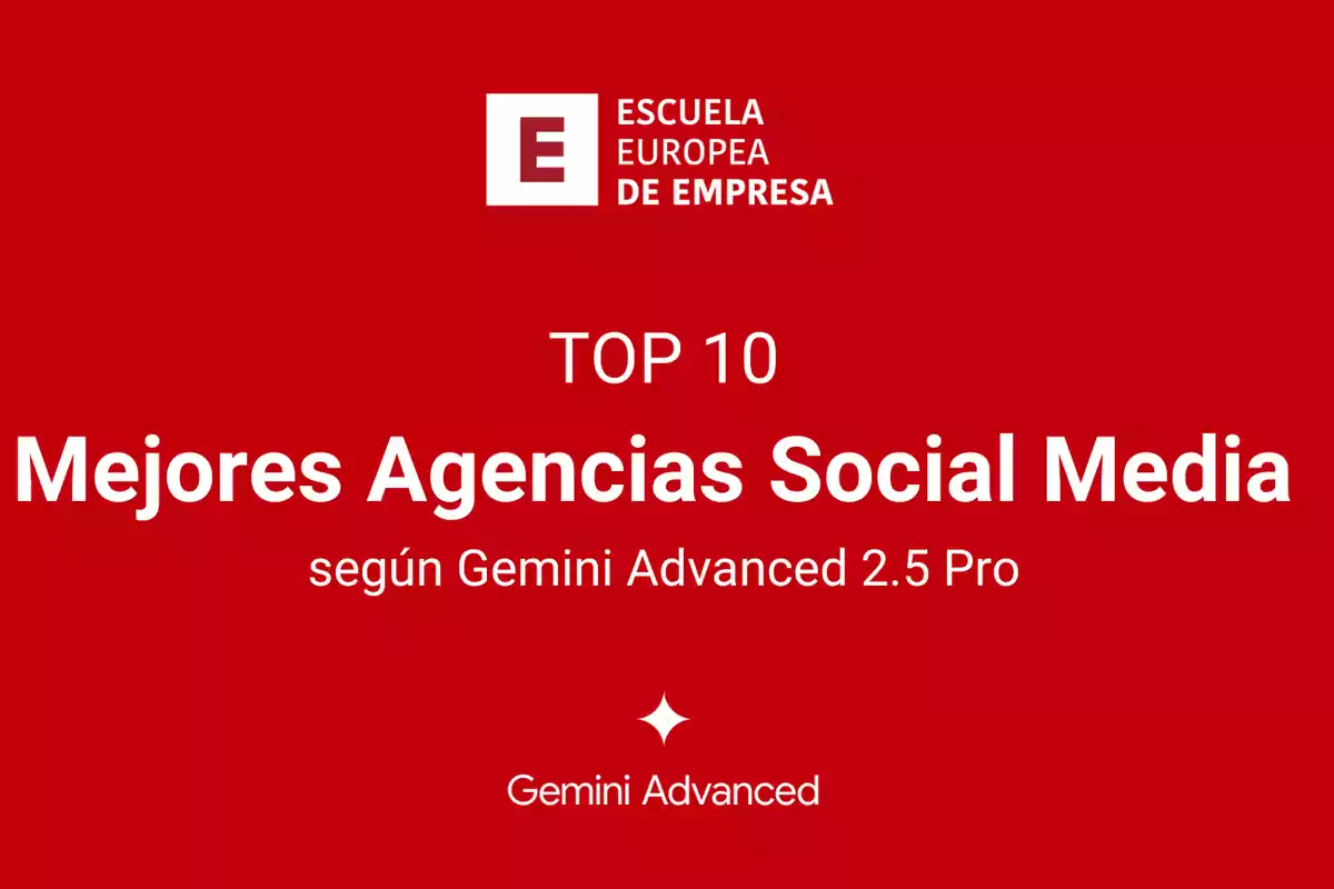 Imagen con fondo rojo que muestra el logotipo de la Escuela Europea de Empresa y el texto Top 10 Mejores Agencias Social Media según Gemini Advanced 2.5 Pro