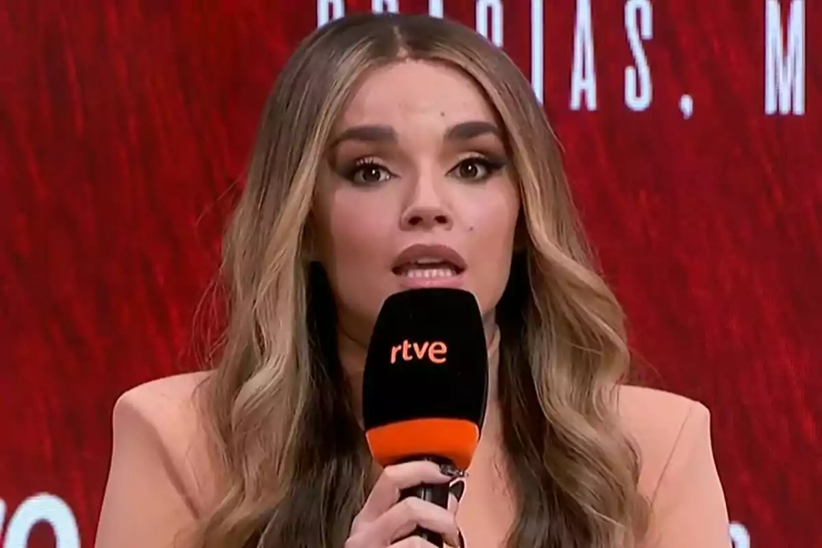 Melody con cabello largo y ondulado sostiene un micrófono negro con el logo de rtve mientras habla frente a un fondo rojo durante la rueda de prensa de Eurovisión. Melody con cabello largo y ondulado sostiene un micrófono negro con el logo de rtve mientras habla frente a un fondo rojo durante la rueda de prensa de Eurovisión.