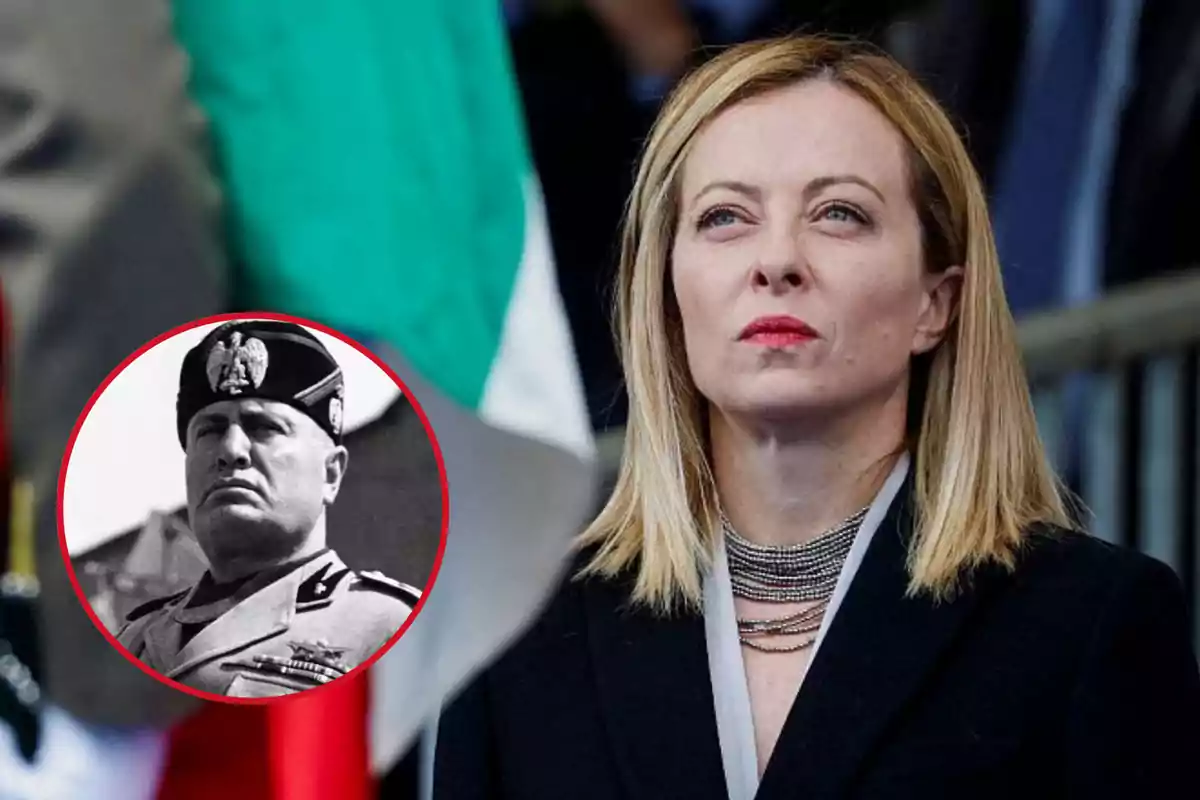 Una mujer rubia con expresión seria y un retrato en blanco y negro de un hombre con uniforme militar en un círculo rojo sobre un fondo con una bandera verde.