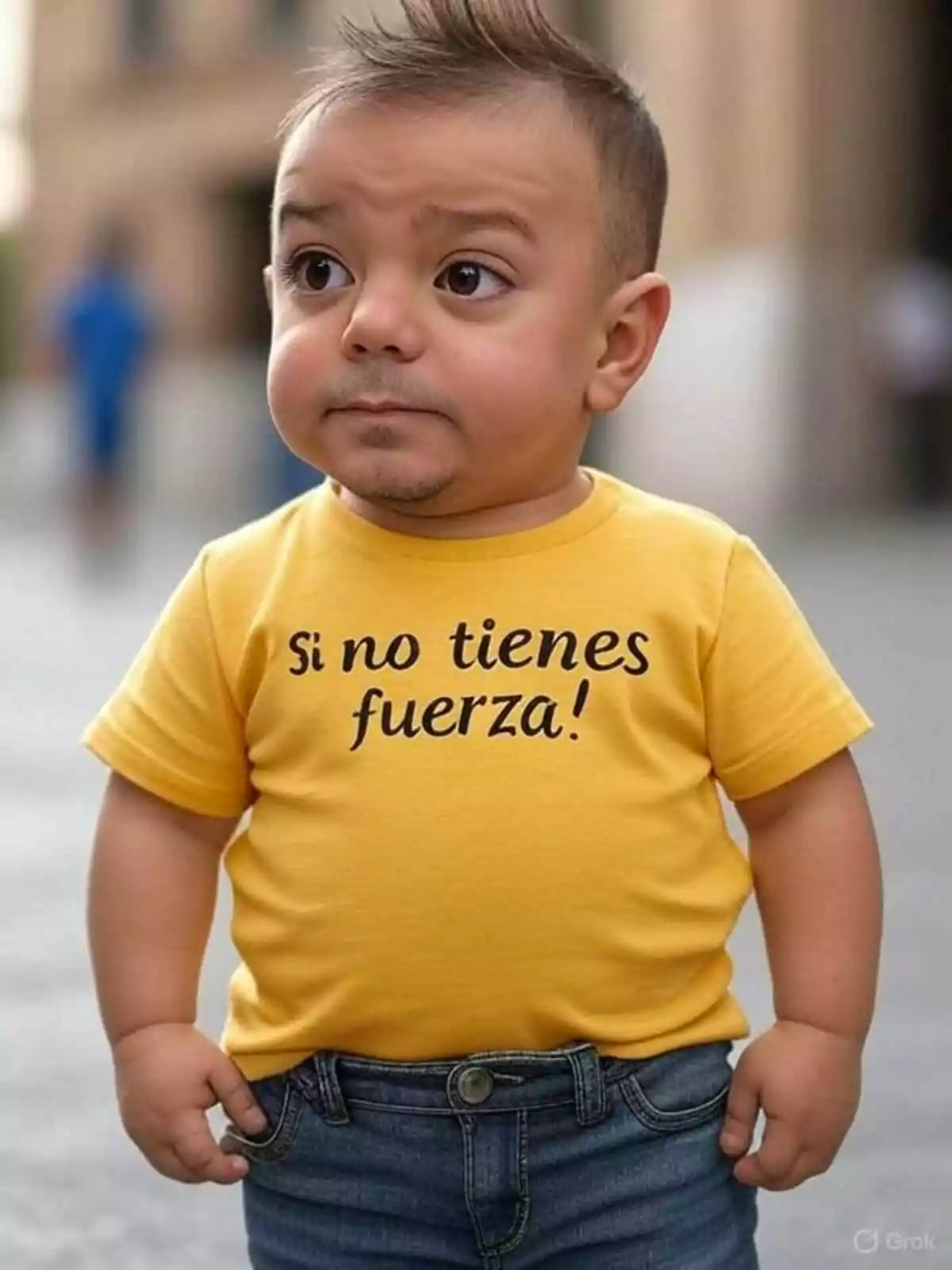 Un niño pequeño con expresión seria lleva una camiseta amarilla con un mensaje humorístico. Un niño pequeño con expresión seria lleva una camiseta amarilla con un mensaje humorístico.
