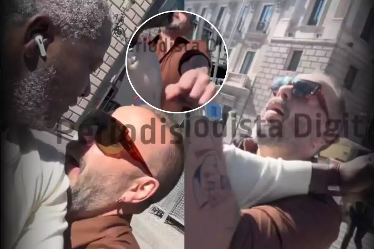Dos personas interactuando de manera intensa en una calle con un edificio de fondo y un círculo resaltando un detalle de la escena.