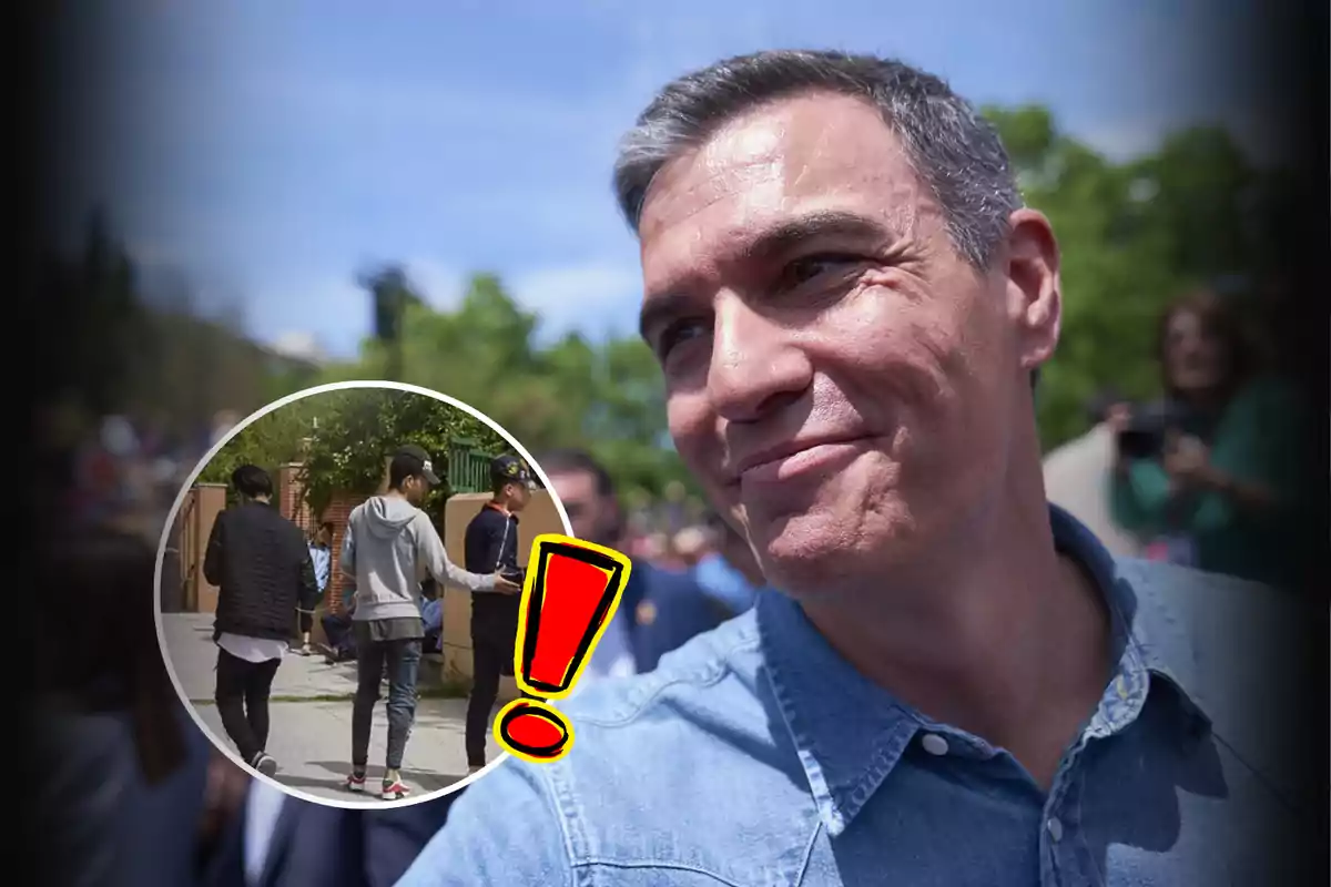 Un hombre sonriente con una camisa de mezclilla en primer plano y un círculo insertado que muestra a tres personas caminando por la calle con un signo de exclamación rojo.