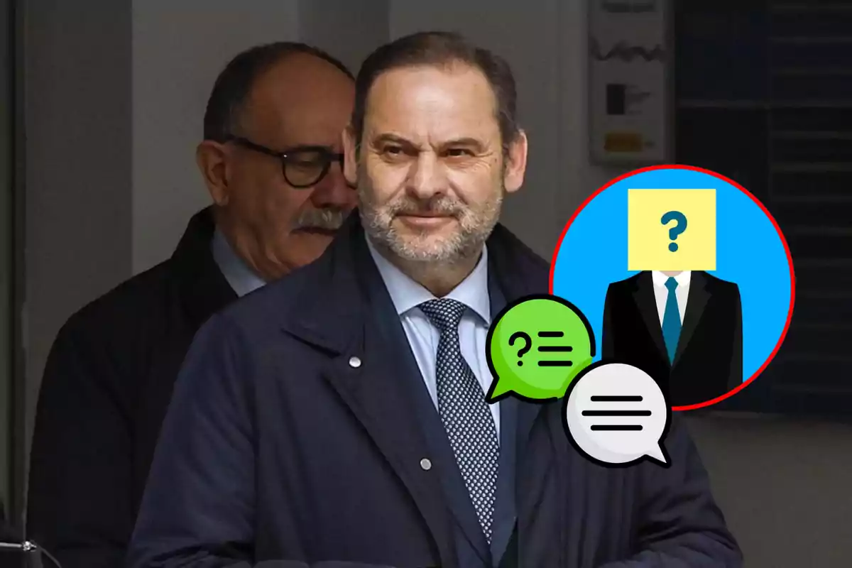 Un hombre con barba y traje oscuro camina junto a otra persona mientras se superponen gráficos de burbujas de diálogo y un ícono de figura anónima.