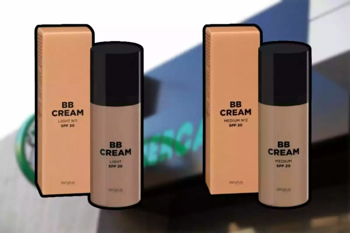 Dos envases de BB Cream de Deliplus con SPF 20 en tonos Light y Medium frente a un fondo borroso. Dos envases de BB Cream de Deliplus con SPF 20 en tonos Light y Medium frente a un fondo borroso.