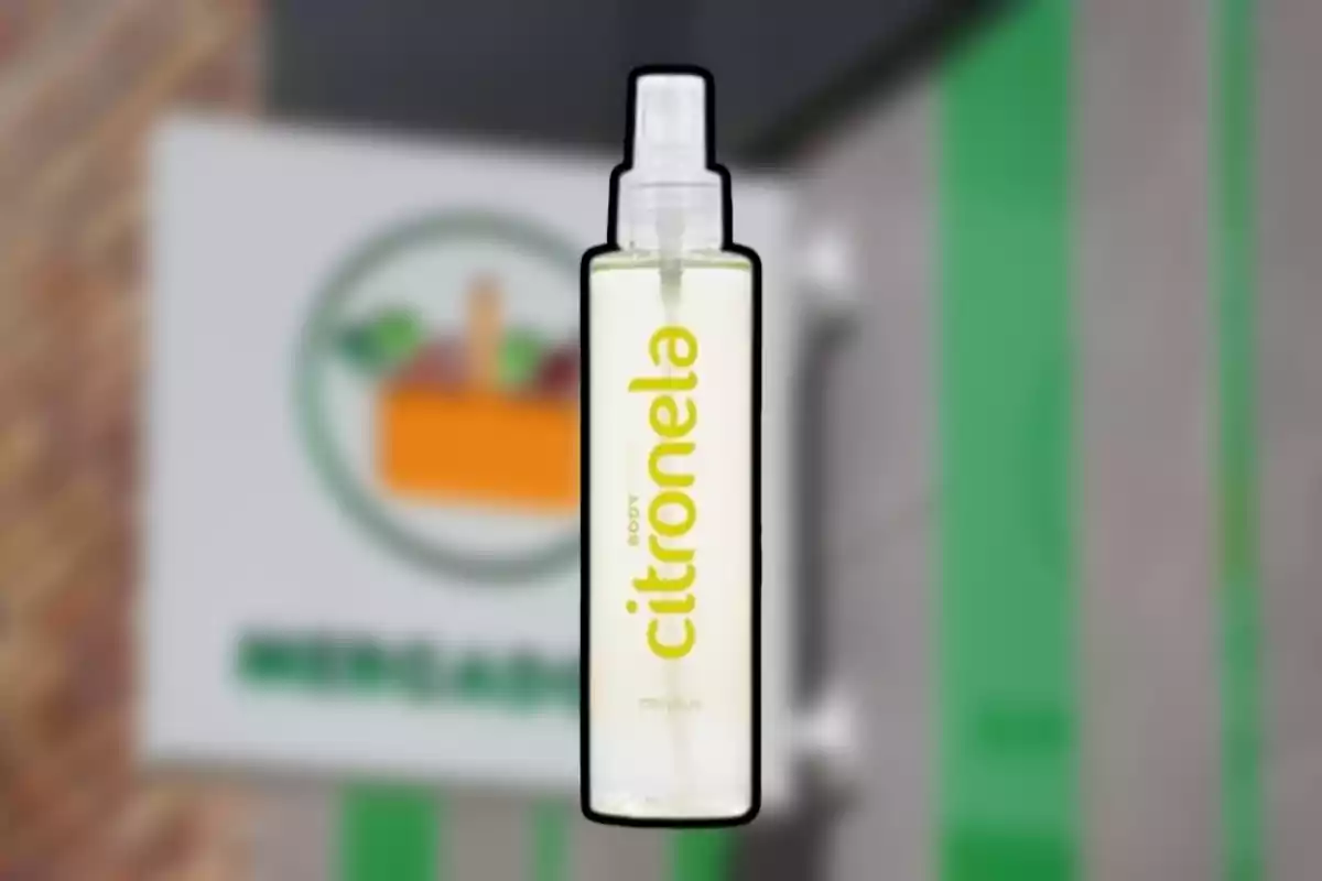 Botella de spray transparente con etiqueta amarilla que dice citronela sobre un fondo desenfocado Botella de spray transparente con etiqueta amarilla que dice citronela sobre un fondo desenfocado