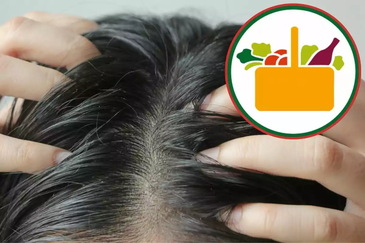 Una persona tocando su cabello oscuro con un ícono de canasta de alimentos superpuesto. Una persona tocando su cabello oscuro con un ícono de canasta de alimentos superpuesto.