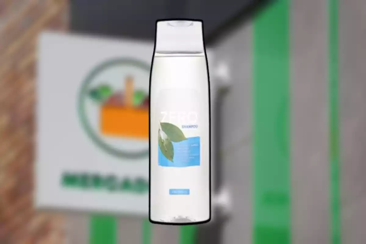 Botella de champú transparente con etiqueta azul y verde frente a un fondo desenfocado. Botella de champú transparente con etiqueta azul y verde frente a un fondo desenfocado.