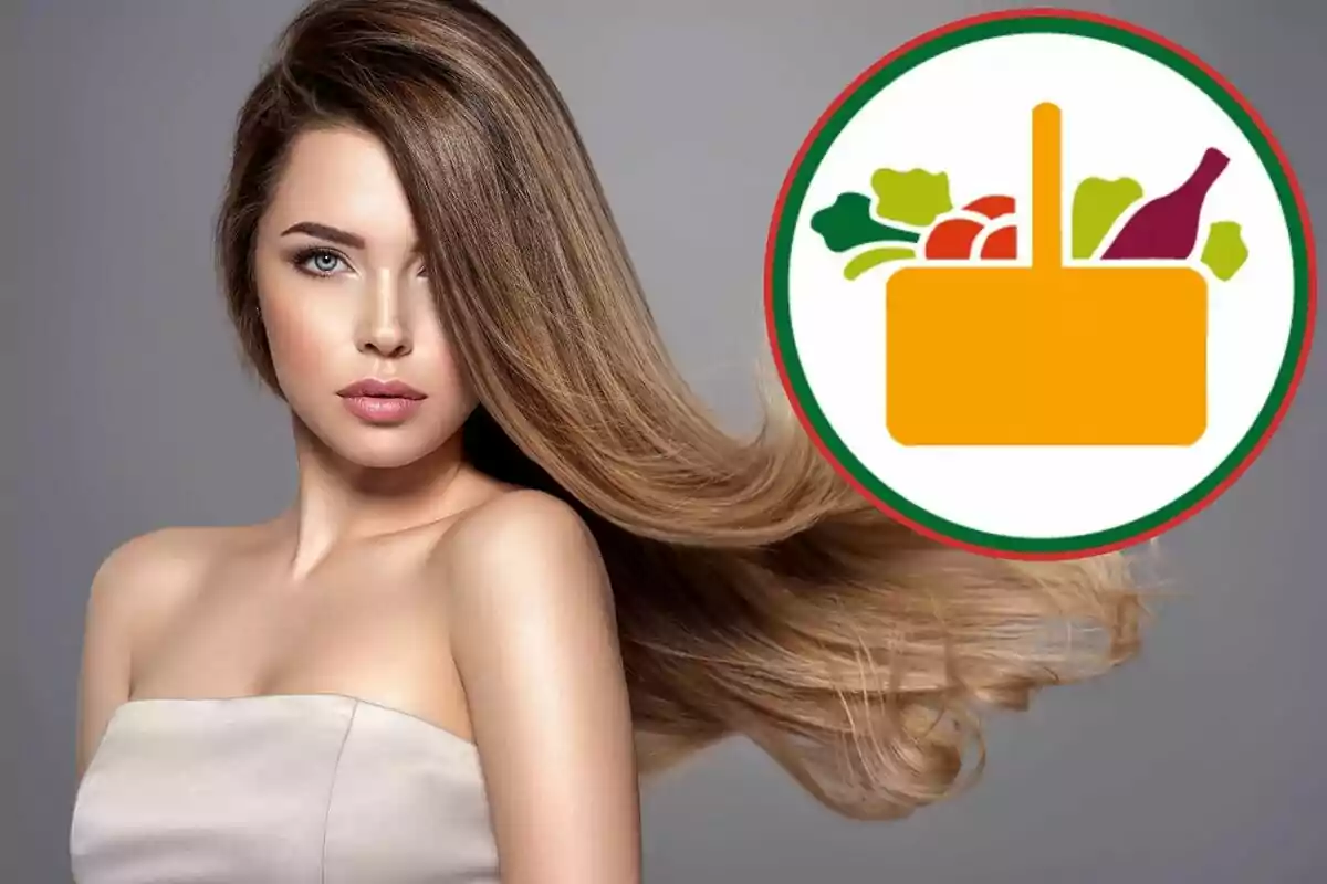 Una mujer con cabello largo y suelto junto a un icono de cesta de compras con alimentos.