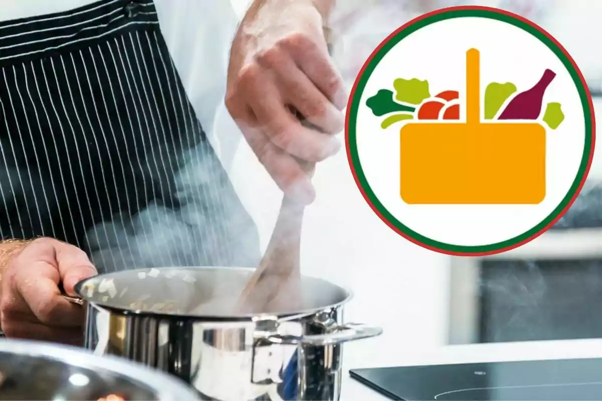 Una persona cocina en una olla mientras se muestra un logotipo de alimentos con un cesto lleno de verduras y una botella. Una persona cocina en una olla mientras se muestra un logotipo de alimentos con un cesto lleno de verduras y una botella.