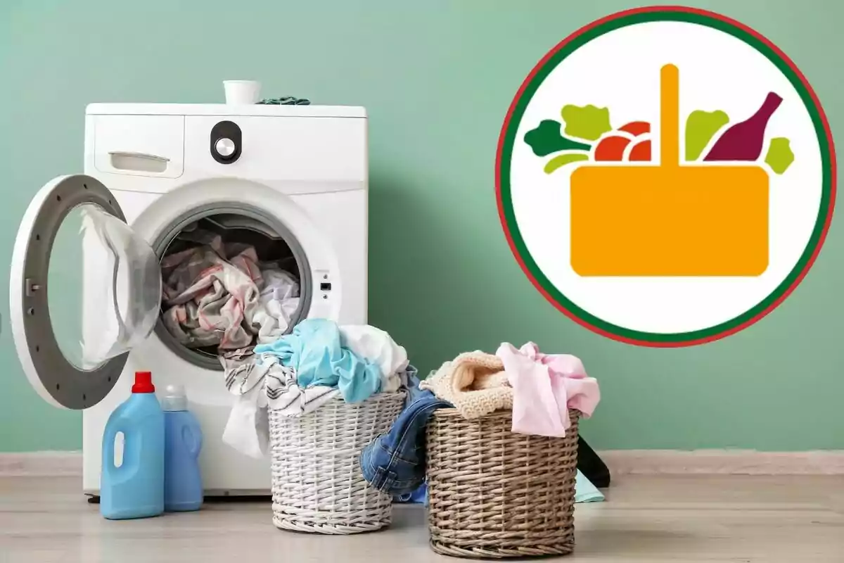 Una lavadora con la puerta abierta llena de ropa junto a cestas de ropa y botellas de detergente, con un logotipo de alimentos en la esquina superior derecha. Una lavadora con la puerta abierta llena de ropa junto a cestas de ropa y botellas de detergente, con un logotipo de alimentos en la esquina superior derecha.