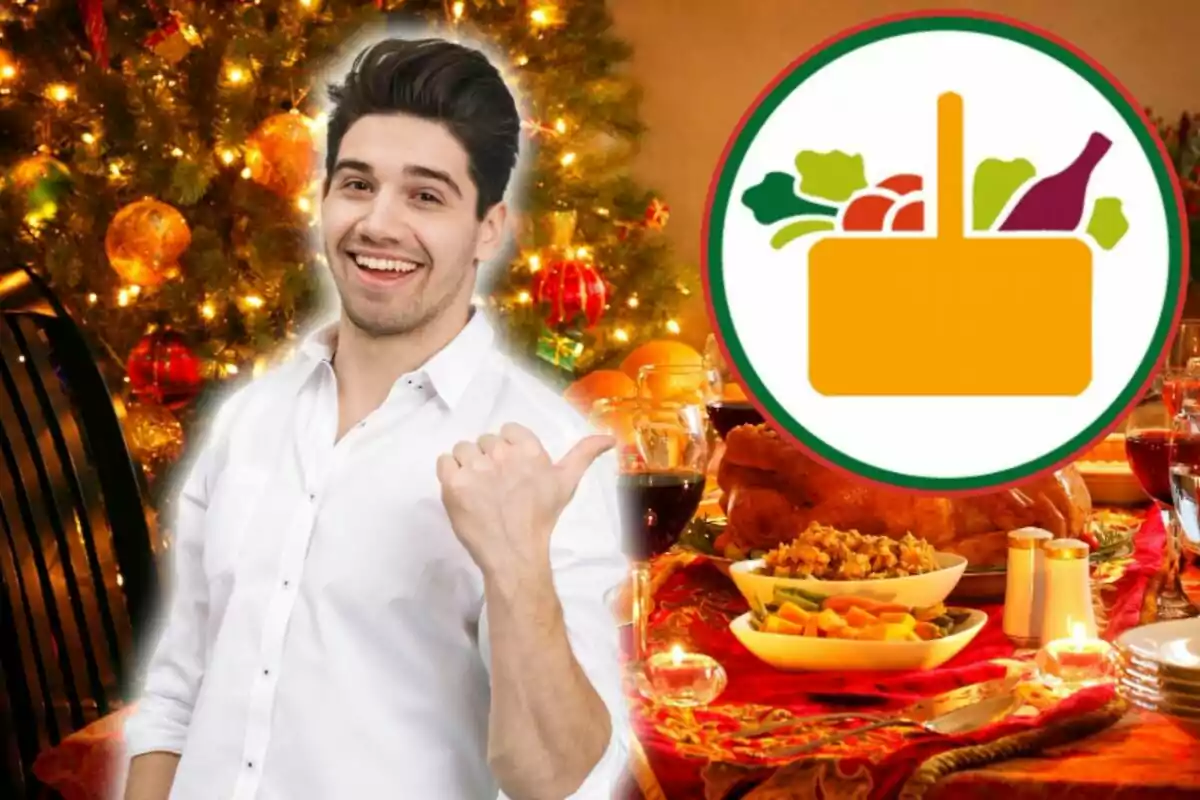 Un hombre sonriente con camisa blanca señala hacia un ícono de canasta de alimentos, con un árbol de Navidad iluminado y una mesa festiva con comida y vino al fondo.