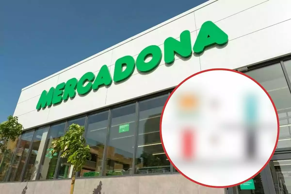 Fachada de una tienda Mercadona con un círculo borroso en la esquina inferior derecha.