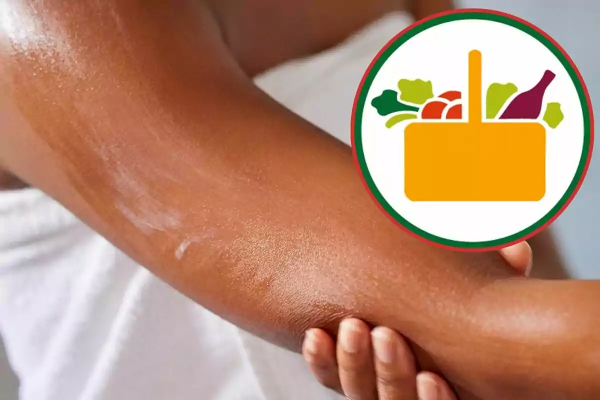 Persona aplicando crema en su brazo con un ícono de alimentos superpuesto. Persona aplicando crema en su brazo con un ícono de alimentos superpuesto.