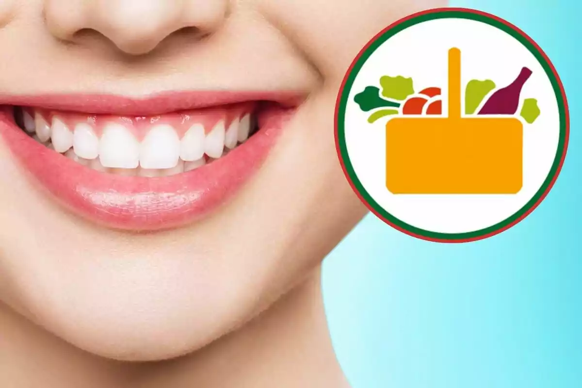 Una sonrisa con dientes blancos junto a un icono de una canasta de alimentos. Una sonrisa con dientes blancos junto a un icono de una canasta de alimentos.