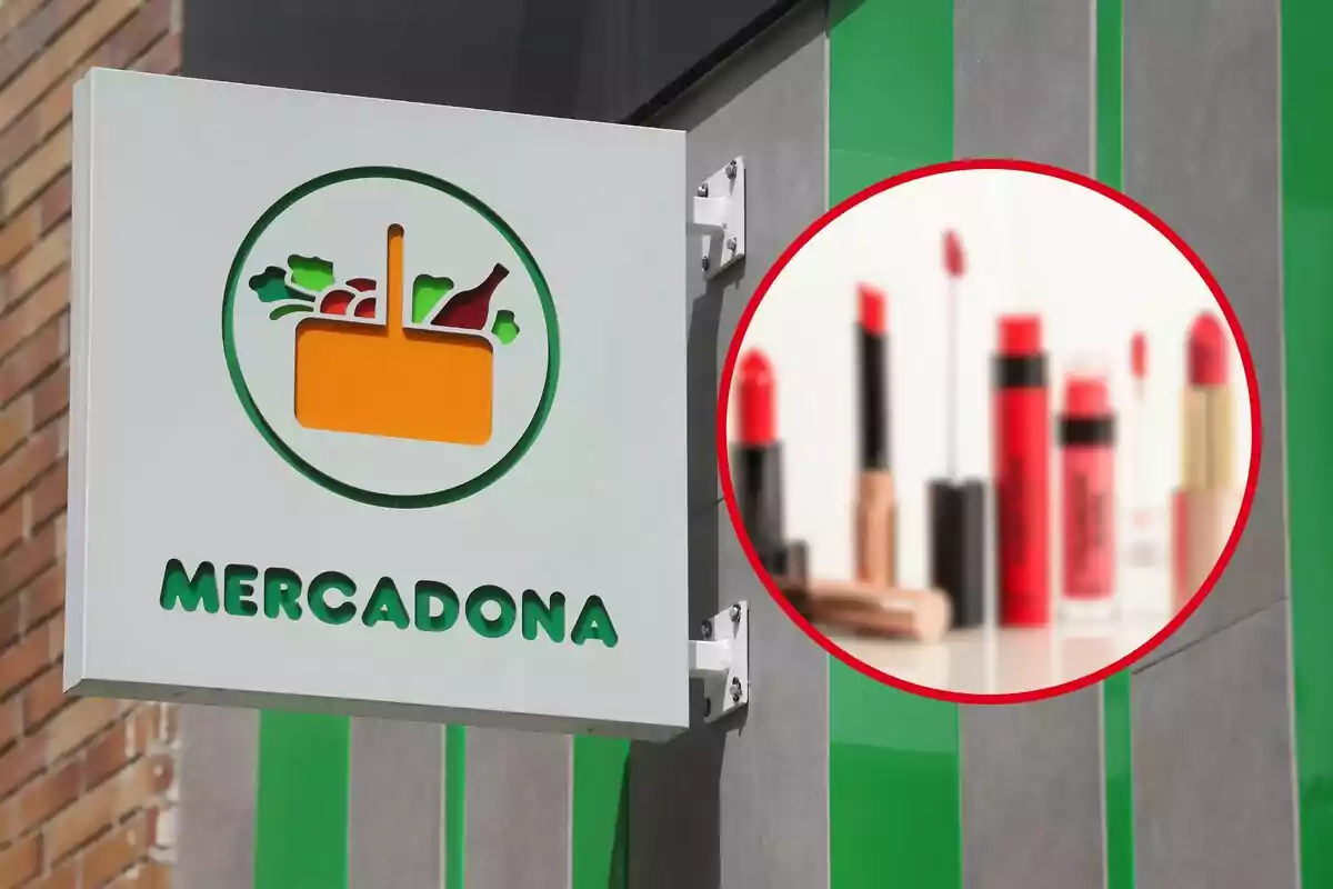 Letrero de Mercadona con un círculo que muestra productos de maquillaje.