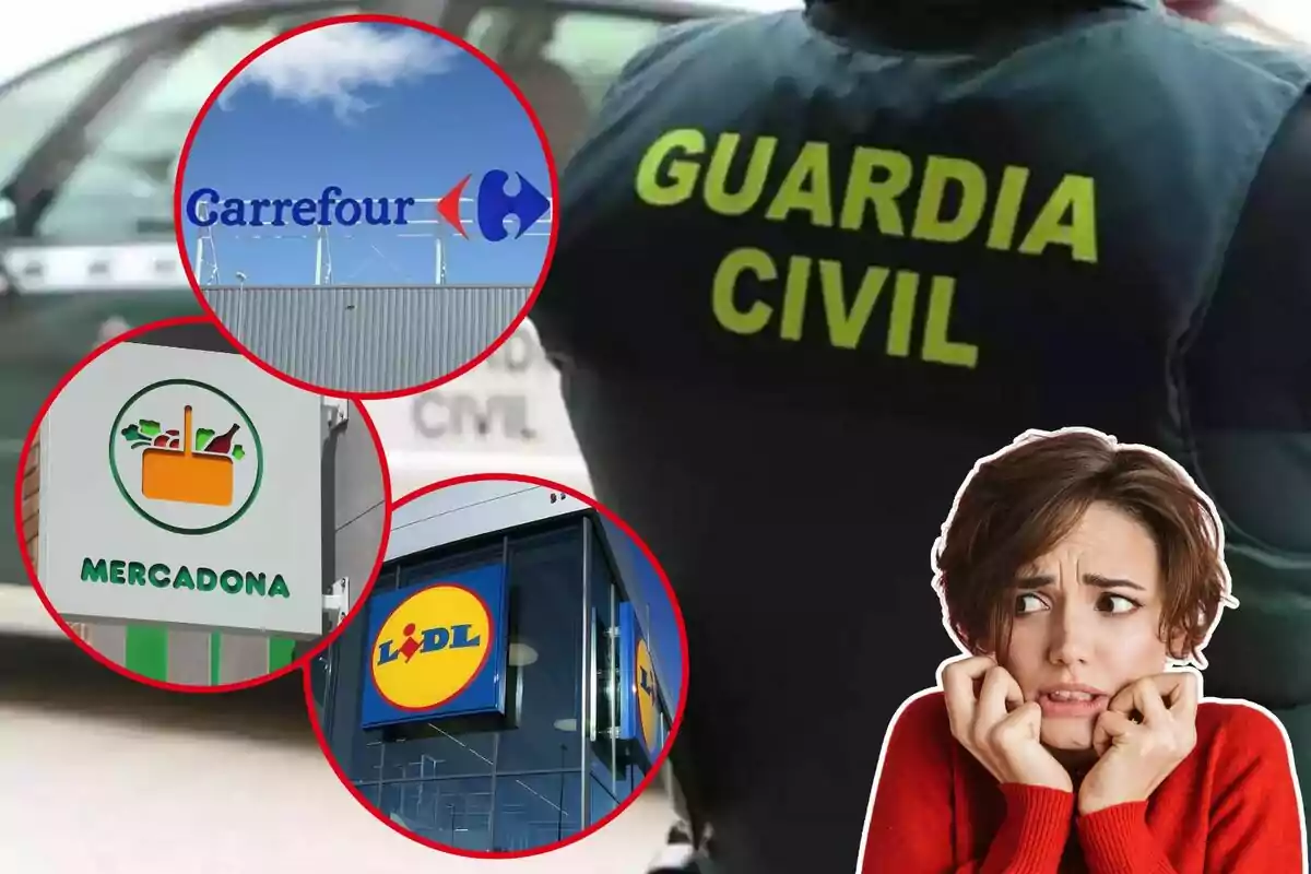 Imagen de fondo de un agente de la Guardia Civil de espaldas, y varias imágenes de los logos de los supermercados Mercadona, Lidl, Carrefour, junto a una imagen de una mujer asustada