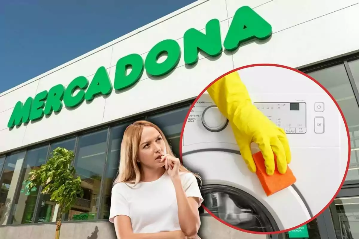 Mujer limpiando lavadora en Mercadona