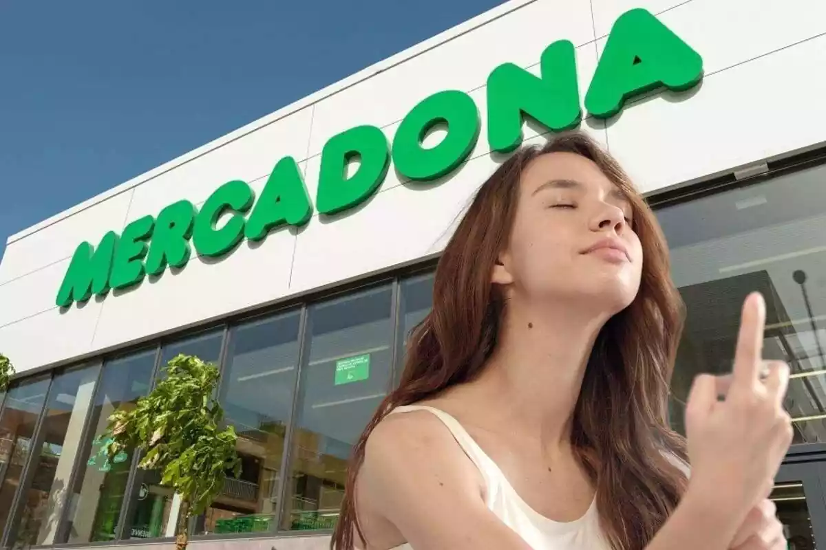 Montaje entrada de Mercadona y una chica tirándose un spray en la cara