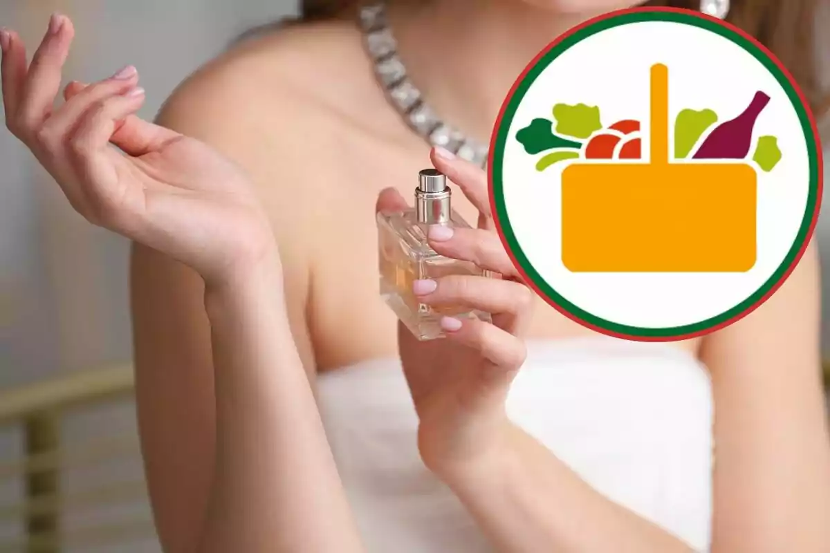 Mujer aplicando perfume con un ícono de alimentos superpuesto.