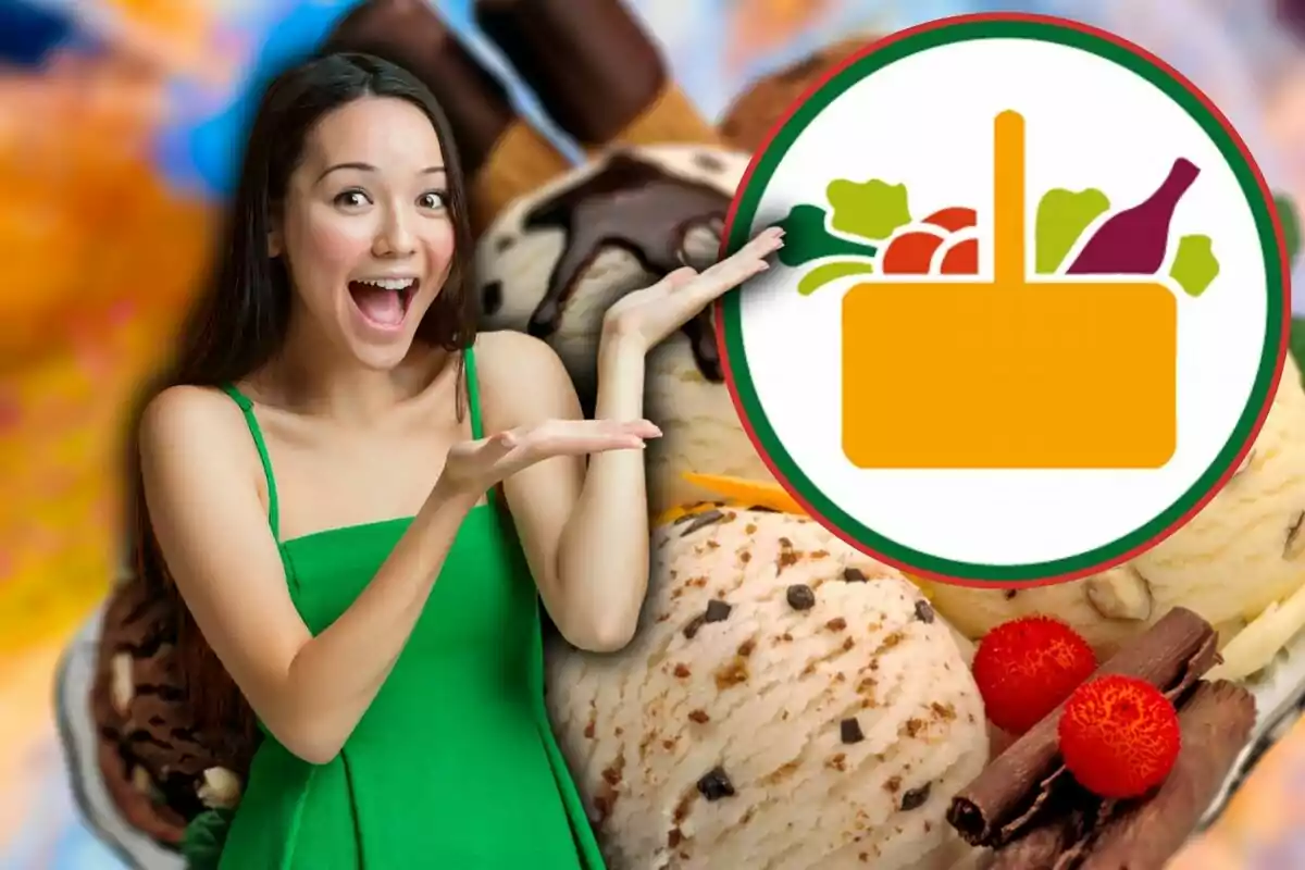 Una mujer sonriente con un vestido verde señala un logotipo de cesta de alimentos sobre un fondo de helado. Una mujer sonriente con un vestido verde señala un logotipo de cesta de alimentos sobre un fondo de helado.