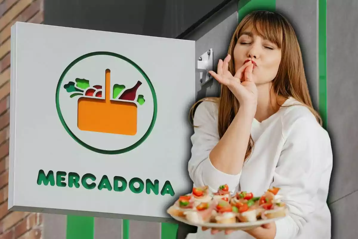 Una mujer con una bandeja de aperitivos hace un gesto de satisfacción frente a un cartel de Mercadona.