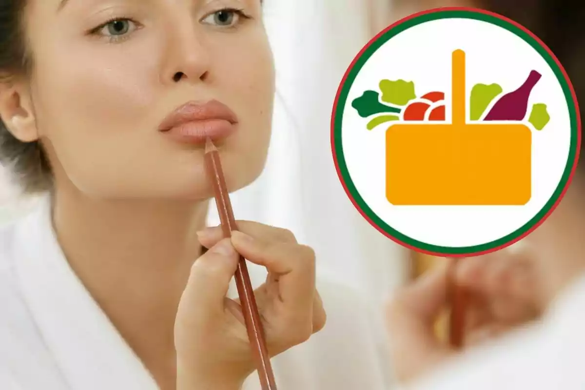 Una persona aplicándose lápiz labial frente a un espejo con un gráfico de un cesto de alimentos al lado.