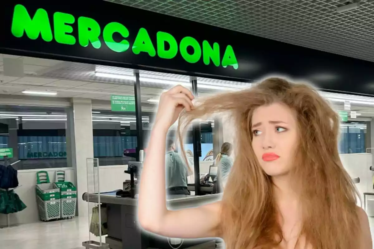 Mujer con cabello despeinado y expresión preocupada frente a una tienda Mercadona.