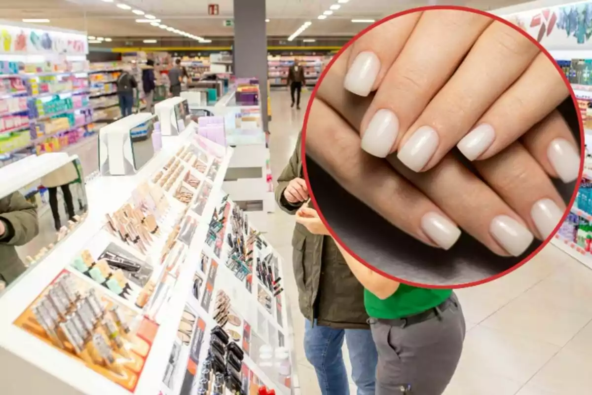 Una tienda de cosméticos con un primer plano de unas manos con uñas bien cuidadas.